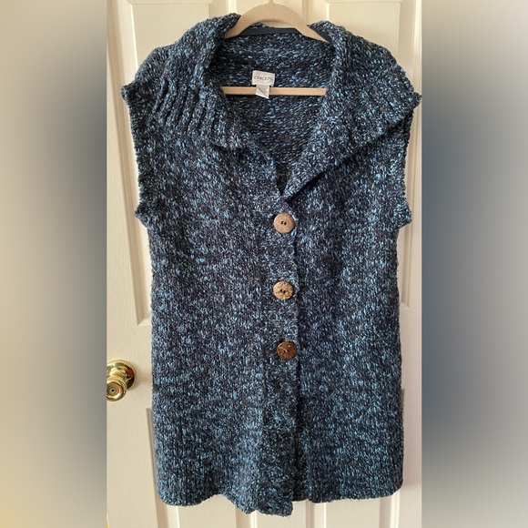 Chico's Jackets & Blazers - Chico's Blue Knit Long Sweater Vest with Large Wooden Buttons